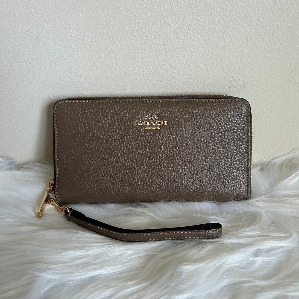 Coach Long Zip Around Wallet Dark Stone Pebbled Leather Wristlet NEW CBZ98